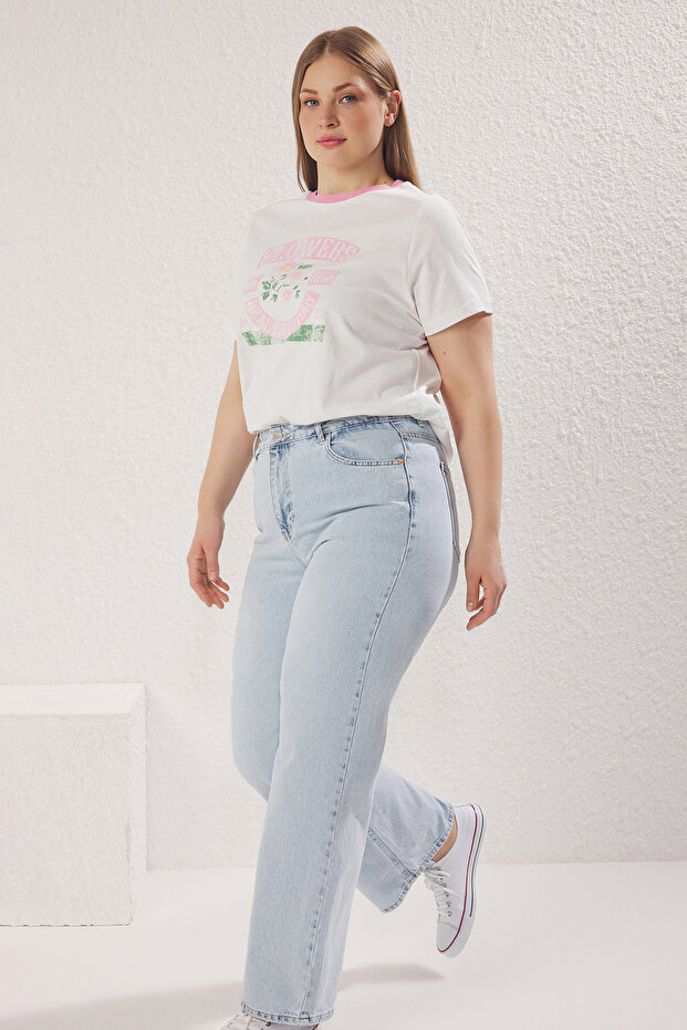 Açık Mavi Yüksek Bel Straight Fit %100 Pamuk Non-Strerch Denim Büyük Beden Jeans TBBSS24CJ00050 - 2