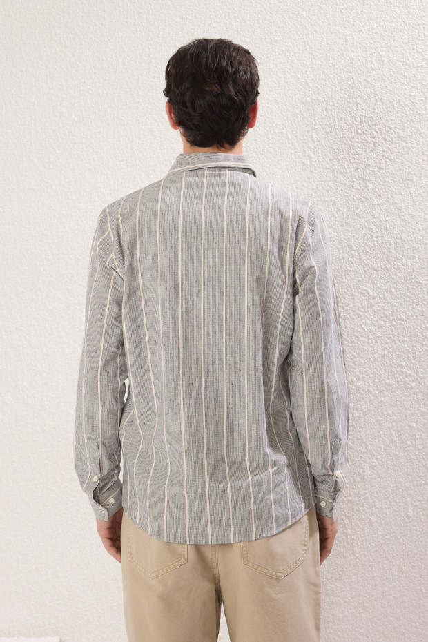 Bej Lacivert Çizgili Regular Fit Keten Görünümlü Gömlek TMNSS25GO00037 - 4