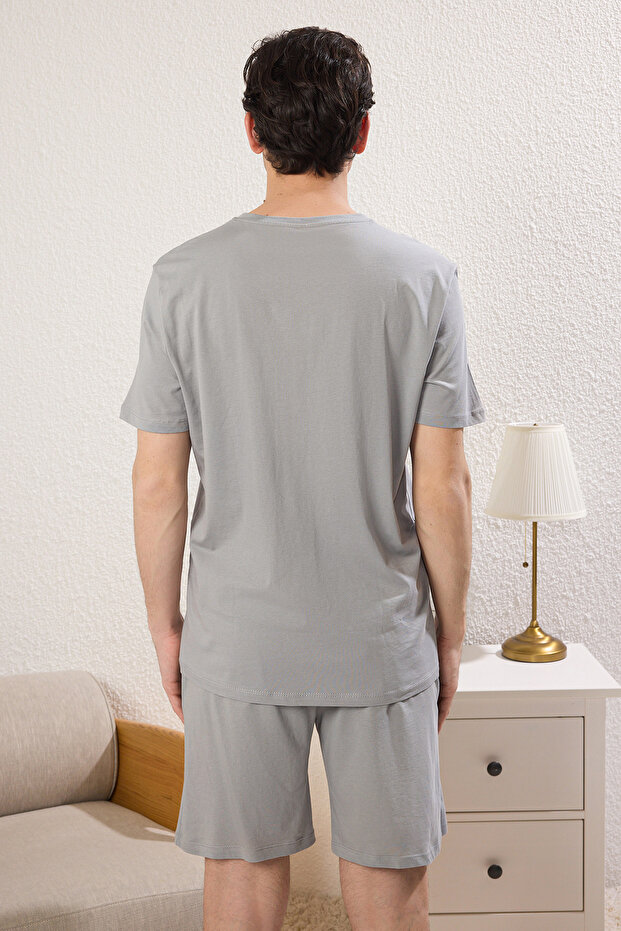 Gri Regular Fit Baskılı Şortlu Örme Pijama Takımı TMNSS25PT00016 - 4