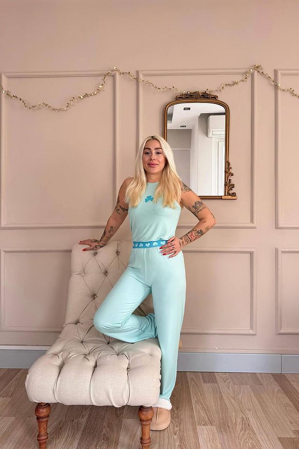 Turkuaz Clover Charm Desenli Örme Sıfır Kol Kadın Pijama Takımı - 5