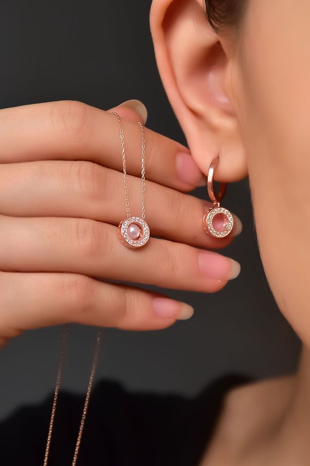 925 Ayar Gümüş Rose Kaplama Incılı Yuvarlak Kolye Ve Küpe Set - 1