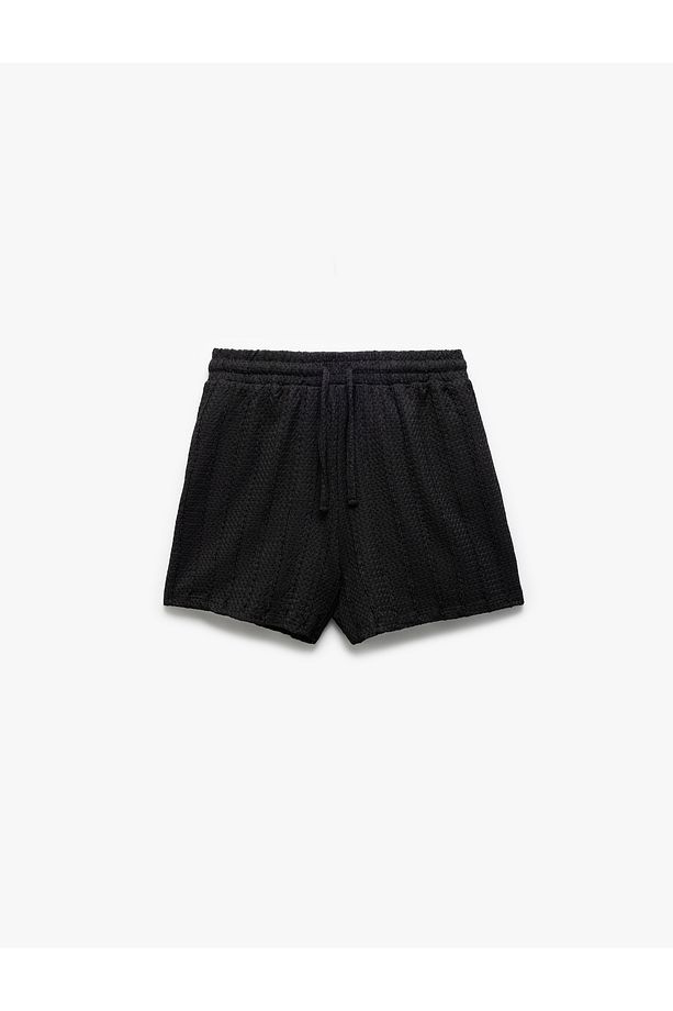 Beli Lastikli Bağcıklı Dokulu Mini Şort - 3