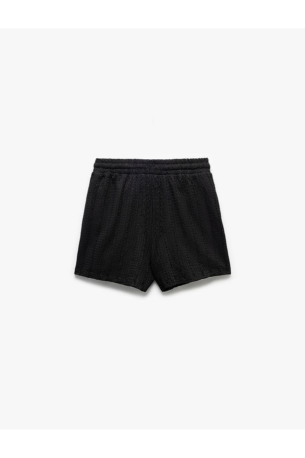 Beli Lastikli Bağcıklı Dokulu Mini Şort - 4