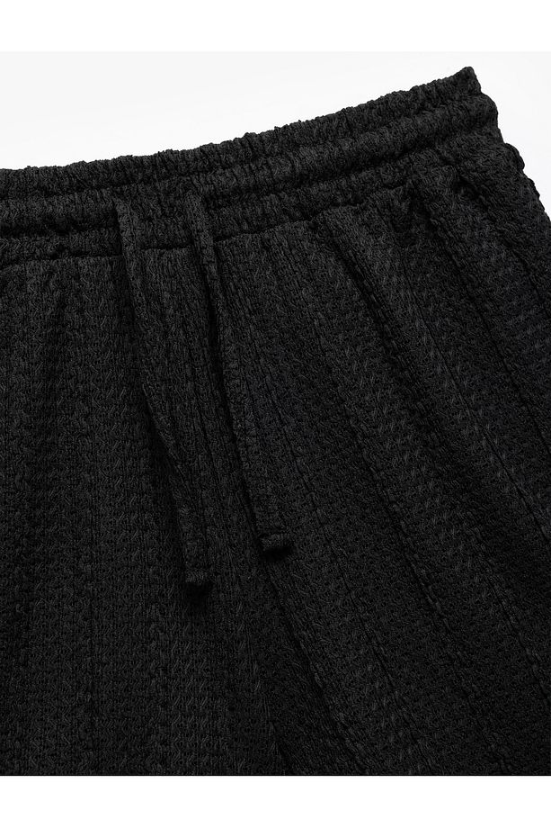 Beli Lastikli Bağcıklı Dokulu Mini Şort - 5