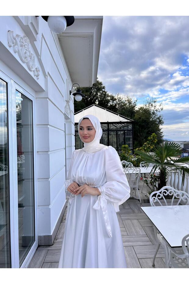 Deva Beyaz Tesettür Abiye Elbise - 3