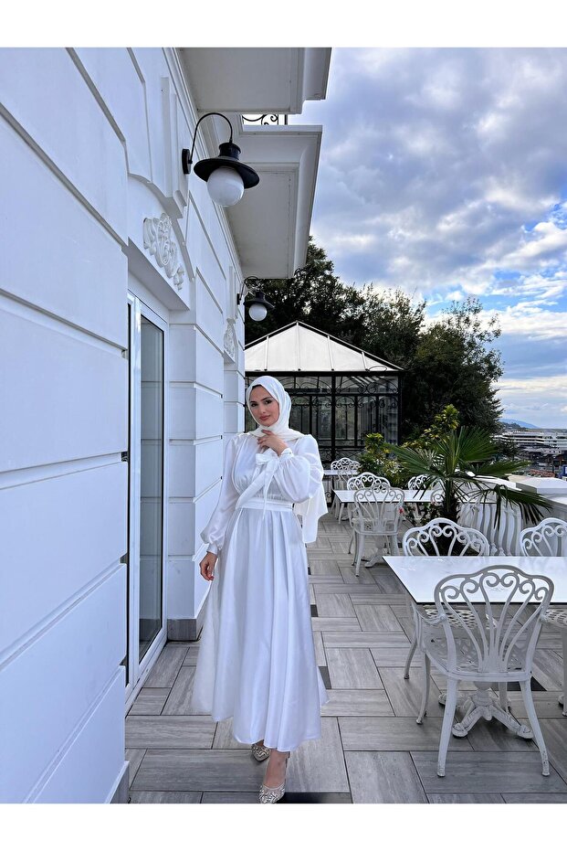 Deva Beyaz Tesettür Abiye Elbise - 4