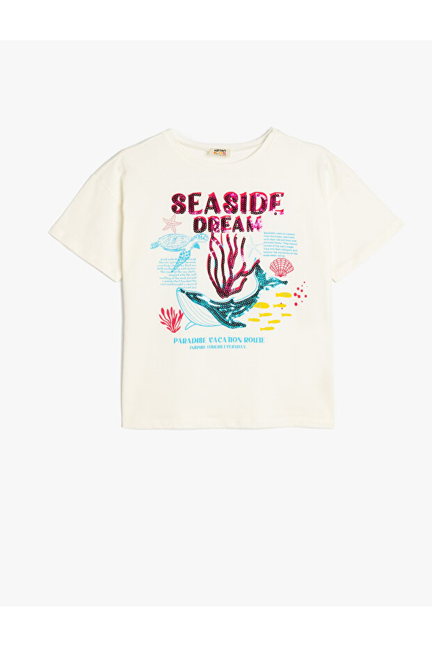 Sequin Sequined Print Detail Crew Neck Short Sleeve Cotton T-Shirt