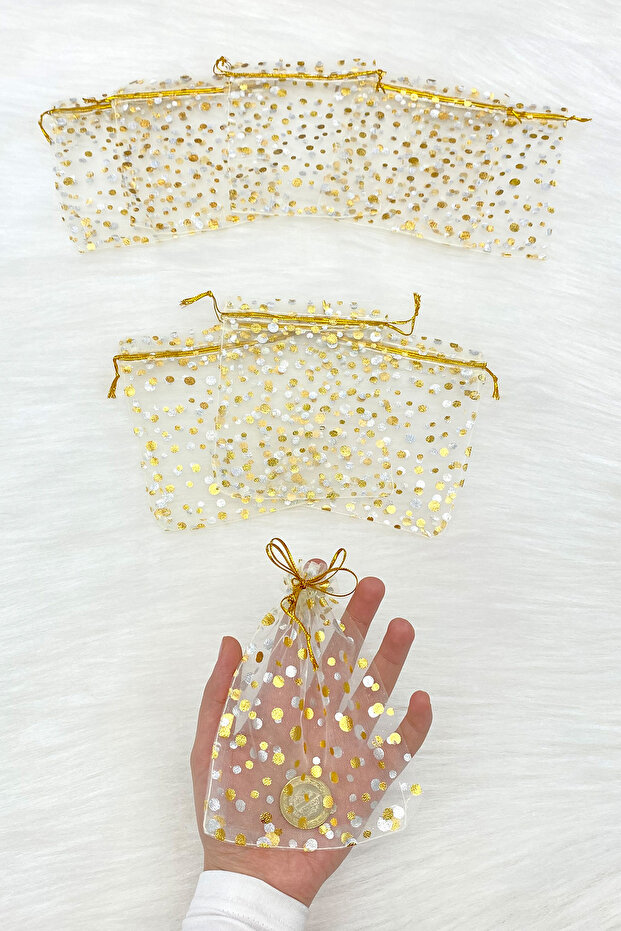 Gold Polka Dot Henna Snack Engagement Gift Bag 100 Pieces Size 12X15Cm, Wedding Mevlüt Circumcision