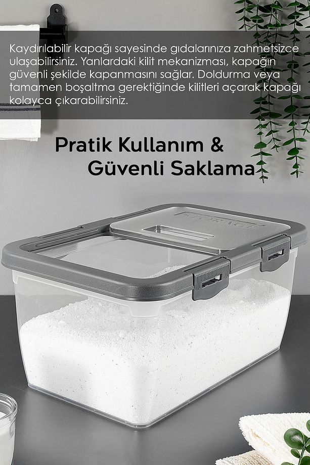 1 Adet Etiketli Deterjan Saklama Kutusu - Kilitli Kayar Kapak Tablet Toz Deterjan Kabı 10 Lt Gri - 5