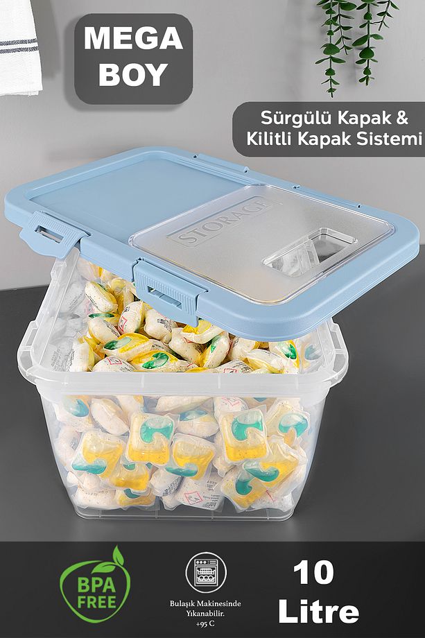 3 Adet Etiketli Deterjan Saklama Kutusu - Kilitli Kayar Kapak Tablet Toz Deterjan Kabı 10 Lt Mavi - 3