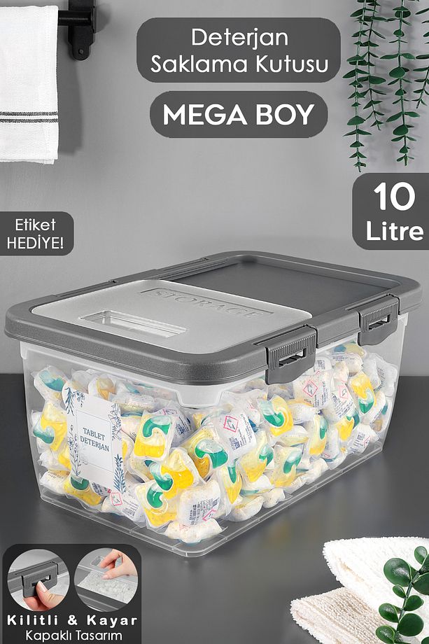 1 Adet Etiketli Deterjan Saklama Kutusu - Kilitli Kayar Kapak Tablet Toz Deterjan Kabı 10 Lt Gri - 1