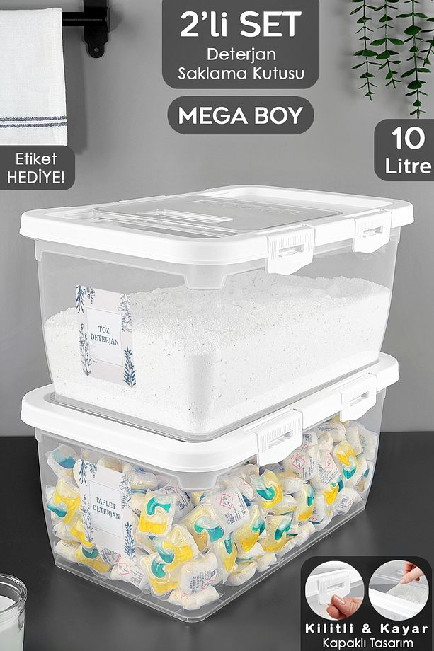 2 Adet Etiketli Deterjan Saklama Kutusu - Kilitli Kayar Kapak Tablet Toz Deterjan Kabı 10 Lt Beyaz - 1