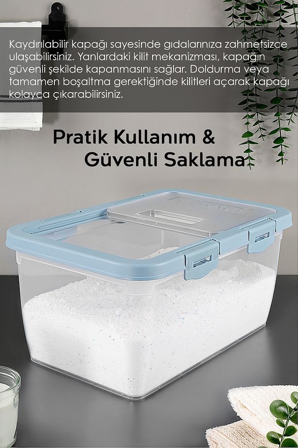 2 Adet Etiketli Deterjan Saklama Kutusu - Kilitli Kayar Kapak Tablet Toz Deterjan Kabı 10 Lt Mavi - 5
