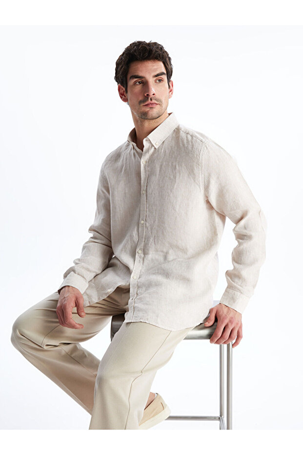 Nevavm Slim Fit Long Sleeve 100% Linen Men's Shirt with Difference