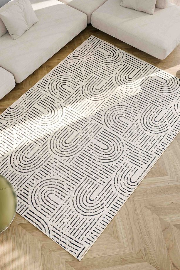 Moreno Viskon Dokuma Halı Kaymaz Taban Yıkanabilir Krem Siyah Salon Mutfak Halısı 1353 - 6