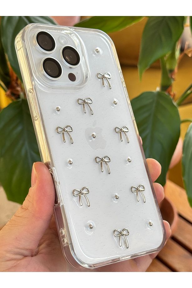 Apple Iphone 16 Pro Max Kılıf Fiyonk Desenli Şeffaf Simli Kamera Çıkıntılı Parlak Kapak - 4