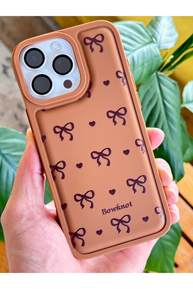 iPhone 16 Pro Max Compatible Case Soft Textured Bow Pattern Brown Soft with Camera Protection - 3