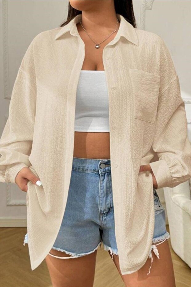 Women's Beige Single Pocket Oversize Shirt