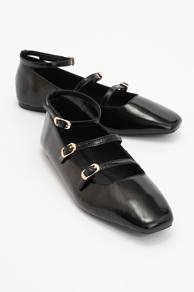 Glimmer Black Patent Leather Genuine Leather Ankle Strap Blunt Toe Women's Ballerina Shoes