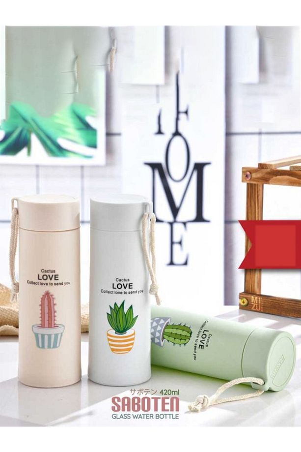 450 ml Cam Suluk – Kaktüs Desenli, Plastik Kaplamalı, Şık ve Taşınabilir Matara - 2
