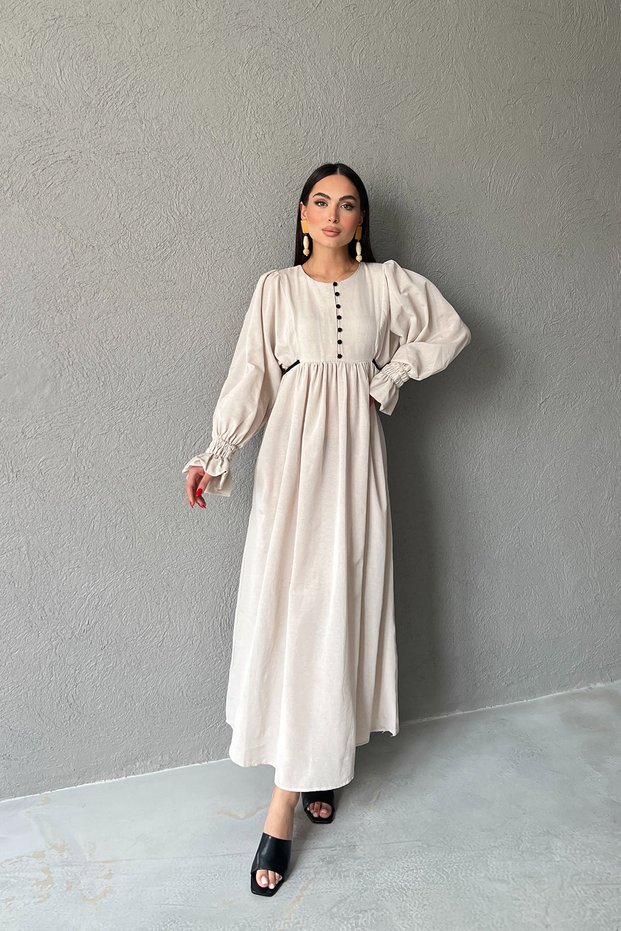Beige Maxi Length Linen Dress with Tie Detail