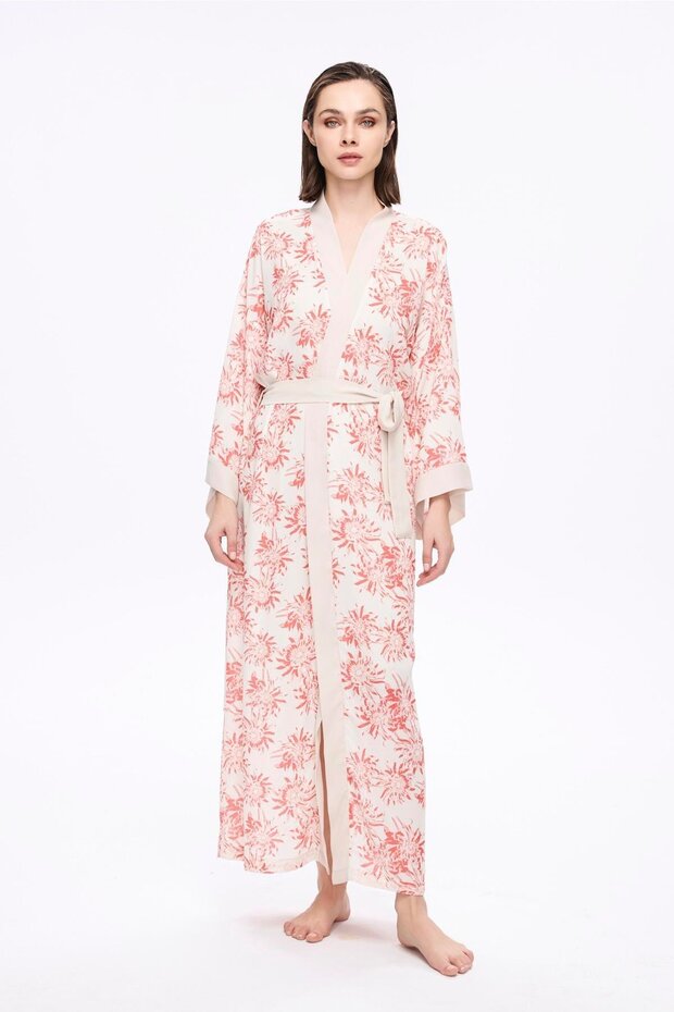 Pink Flower Print Long Kimono 5043