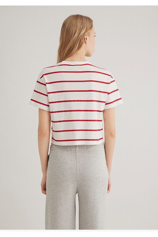 kırmızı çizgili crop kesim kadın t-shirt - 3