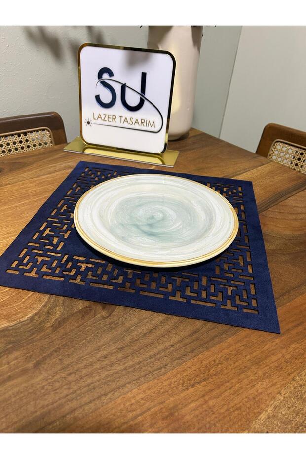 Navy Blue Nubuck Texture Thick Fabric Quality Sports Special Laser Cut American Service Napkin 6-Piece Supla Set