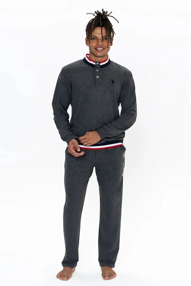 18922 Men's Anthracite Melange Long Sleeve Stand Collar Pajama Set