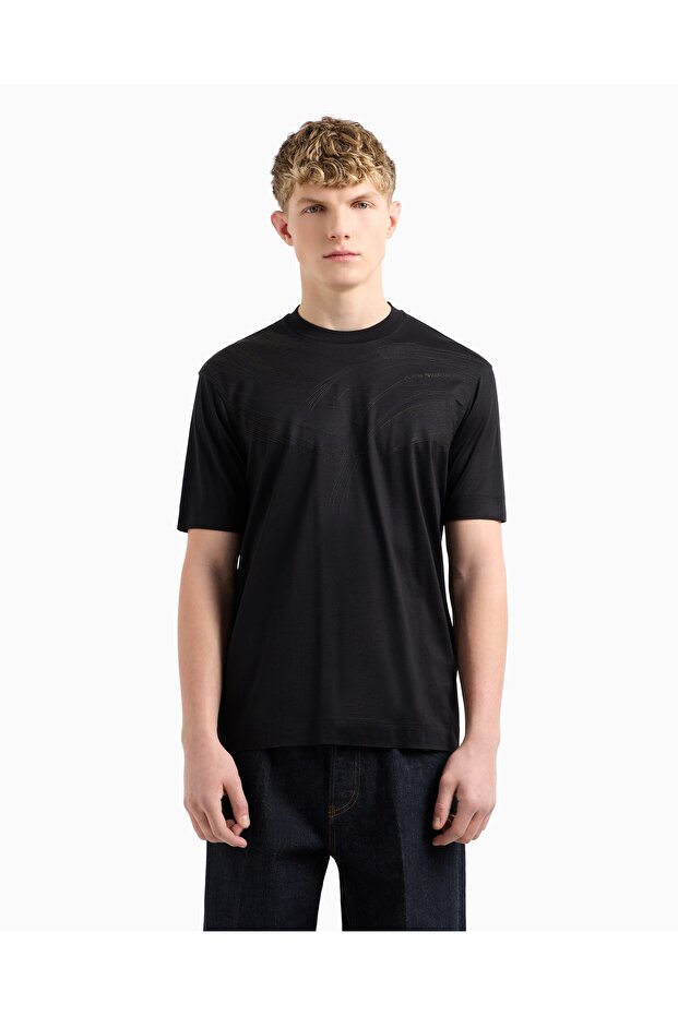 Men's Regular Fit Round Neck Stitching Embroidered Short Sleeve Black T-Shirt Em 001023 Af13747-Mc203