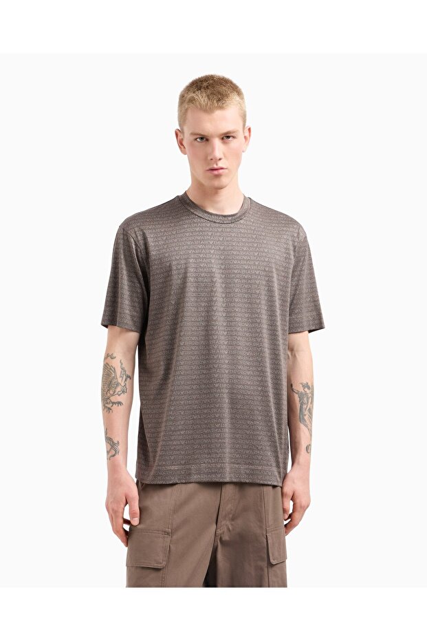 Men's Pure Cotton Jacquard Regular Fit Round Neck Circumference Brand Logo Patterned Brown T-Shirt Em