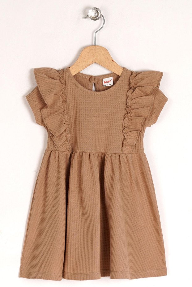 Crew Neck Ruffled Waist Gathered Brown Color Girl's Dress