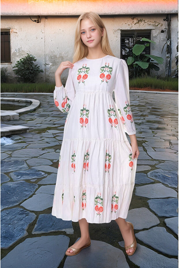 Young Girl's Long Cotton Linen Dress Suitable for Hijab
