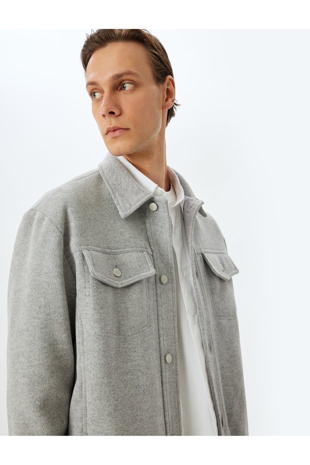 Long Sleeve Viscose Blended Cashmere Jacket with Flap Pocket Detail