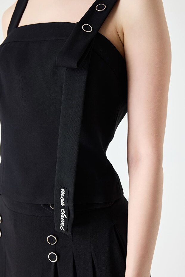 Nakış detaylı Kalın askılı siyah bluz - 3