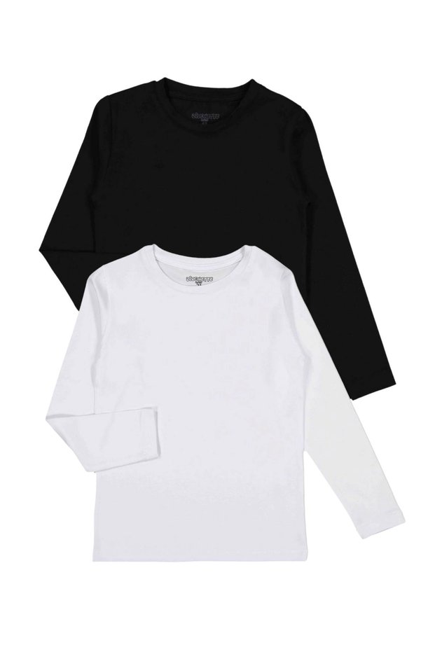Girls Boys Cotton Plain Long Sleeve Kids T-Shirt 2-Piece Set (Black/White) - Unisex Children's Basic T-Shirt