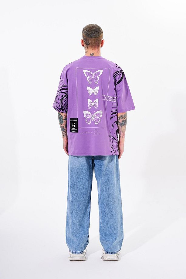 Erkek Number 5 Baskılı Oversize Mor Tişört - 5