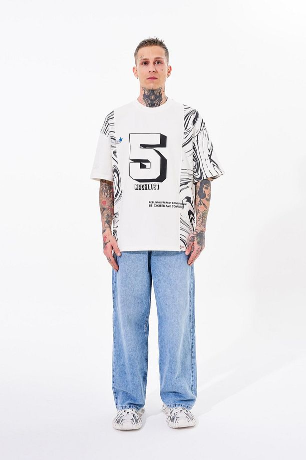 Erkek Number 5 Baskılı Oversize Ekru Tişört - 4