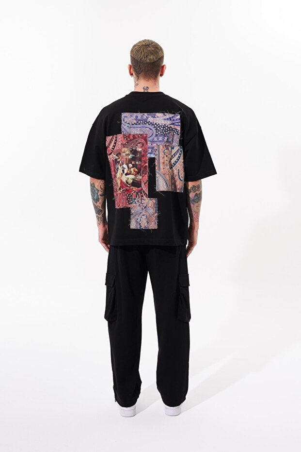Erkek Patchwork Oversize Siyah Tişört - 6