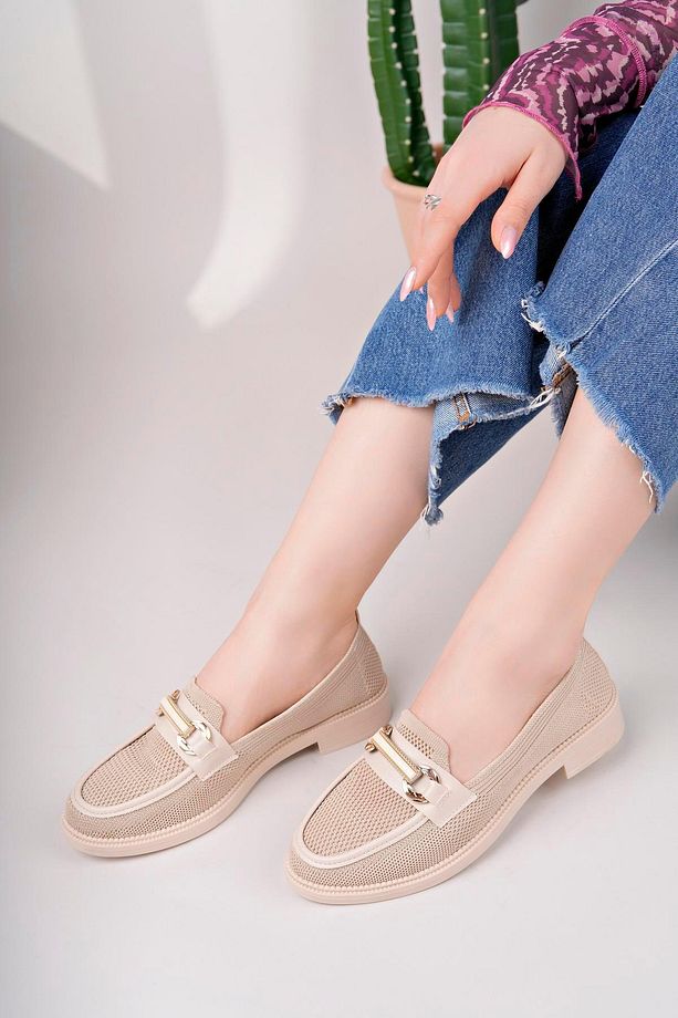 Kadın Nude Zincir Tokalı Kalın Taban Pu Deri Günlük Klasik Topuklu Loafer Makosen Ayakkabı F Krem Te - 3