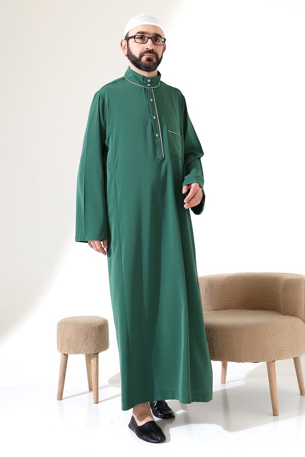 Men's Hajj and Umrah Clothing Hakim Collar Long Dubai Crepe Cellabiye Fistan - Green