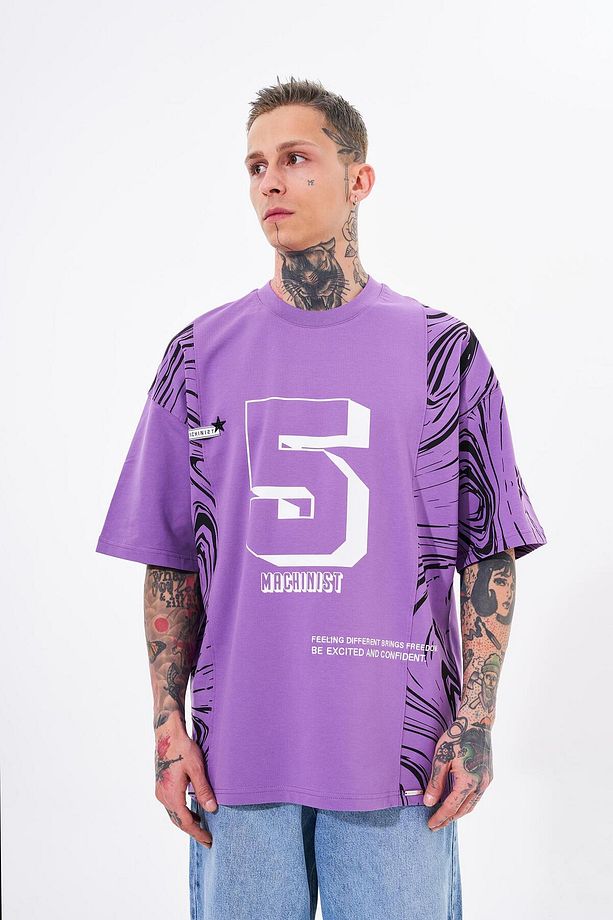 Erkek Number 5 Baskılı Oversize Mor Tişört - 2