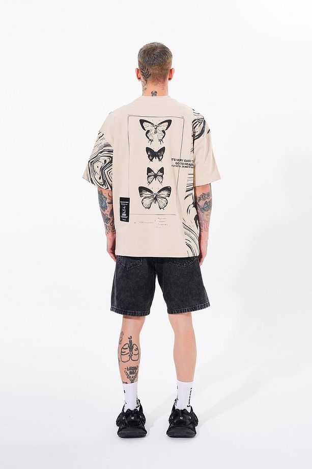 Erkek Number 5 Baskılı Oversize Açık Bej Tişört - 5