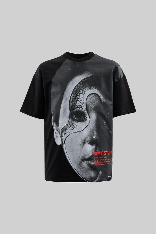 Erkek Macstar Snake Face Oversize Siyah Tişört - 1