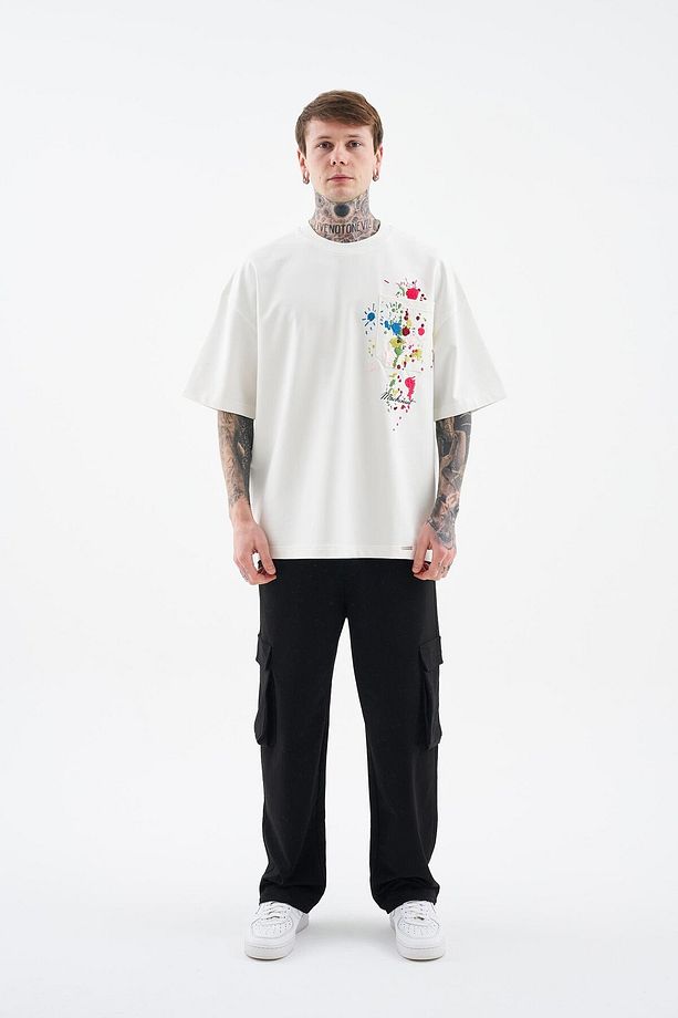 Erkek Splater Look Colored Embroidered Oversize Ekru Tişört - 6