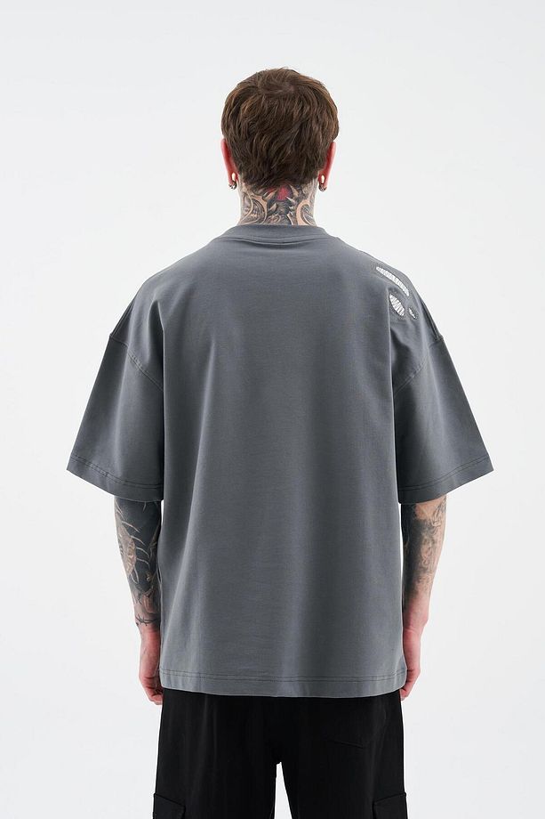 Erkek Patchwork And Stitched Oversize Smoked Tişört - 6