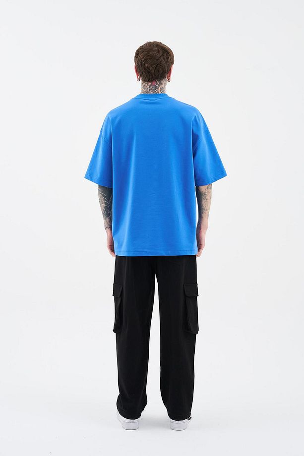 Erkek Swan Printed Oversize Soft Mavi Tişört - 8