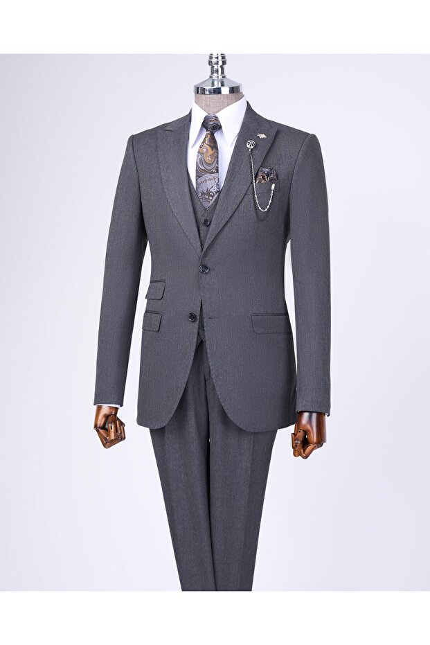 Italian Style Slim Fit Jacket Vest Pants Suit Anthracite T11396