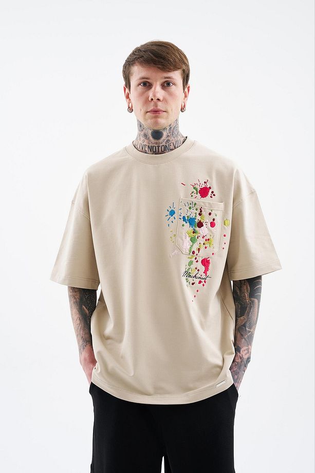 Erkek Splater Look Colored Embroidered Oversize Soft Bej Tişört - 4