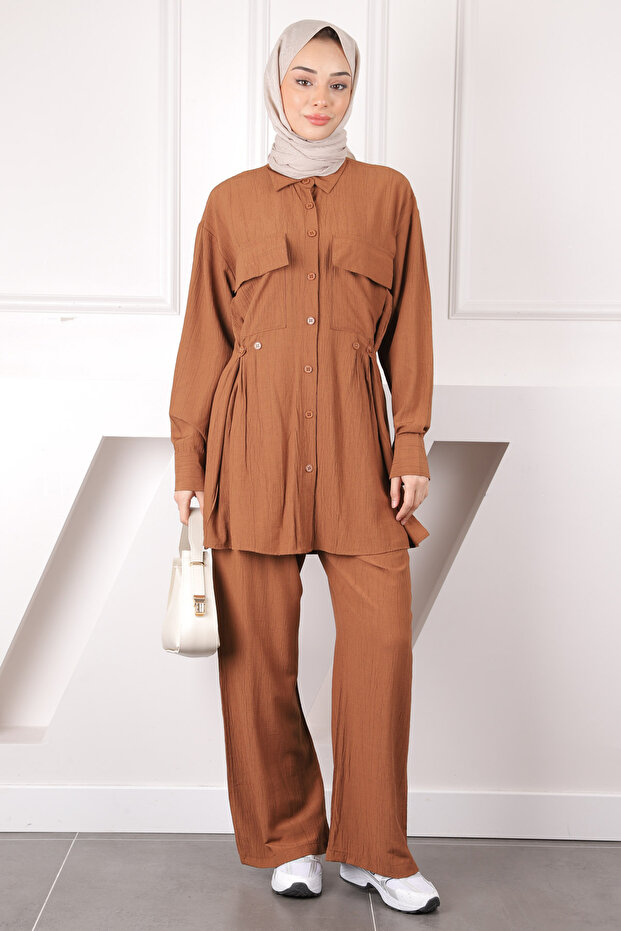 Brown Pocket Tunic Trousers Suit
